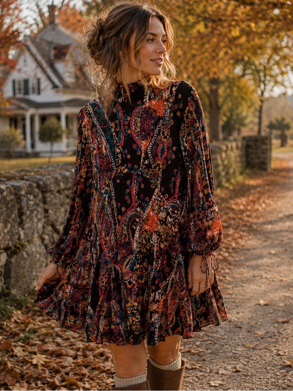 NWT! FREE PEOPLE All Dolled Up Paisley Open Back Mini Dress, soft knit, M. - Picture 14 of 14